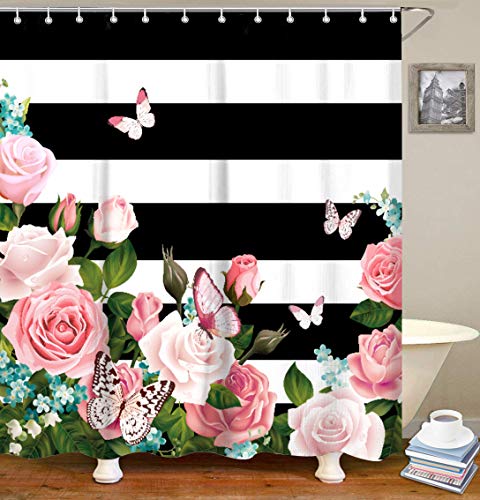 Book Cover LIVILAN Black and White Shower Curtain with Pink Roses, Butterfly Fabric Shower Surtains Set with Hooks, Decorative Striped Shower Curtains for Bathroom 72x72 Inches
