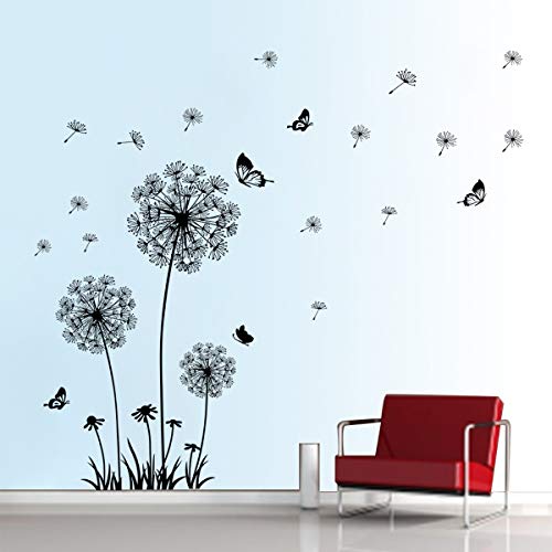 Book Cover decalmile Dandelion Wall Decals Flying Flowers Butterflies Wall Stickers Dandelion Wall Art Living Room Bedroom Decor (Black)