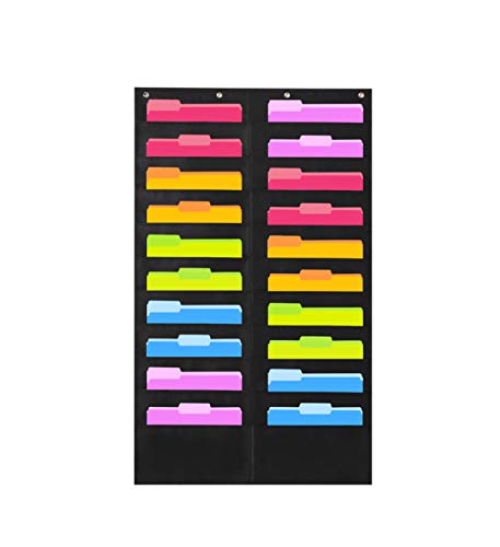 Heavy Duty Storage Pocket Chart with 20 Pockets, 3 Over Door Hangers Included, Hanging Wall File Organizer by Hippo Creation - Organize Your Assignments, Files, Scrapbook Papers & More (Black)