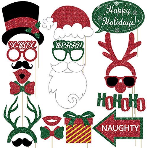 Real Glitter Christmas Photo Booth Props Kit - Large Size, No DIY Required, 21Pcs - Funny Christmas Party Supplies