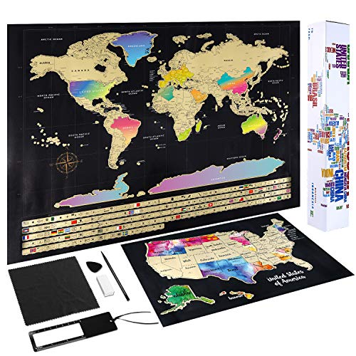Book Cover Scratch Off Map of The World - (2-in-1) World Map with Scratch Off USA Map, Gift Messaged Box + Storage Pouch with Bonus Tools - 23.4