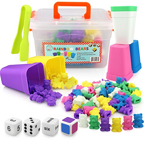 Counting Bears with Matching/Sorting Cups, 4 Dice ,Tweezers and an Activity e-Book. for Toddlers and Early Childhood Education. 71 pc Game Set in Pastel Colors.