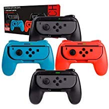 Book Cover Switch Controller Grips (Party Pack of 4X Orzly Grip Attachments, Super Smash Bros Switch Compatible, for Nintendo Switch JoyCon Controllers) Four Grips (1x Red, 1x Blue, 2X Black)