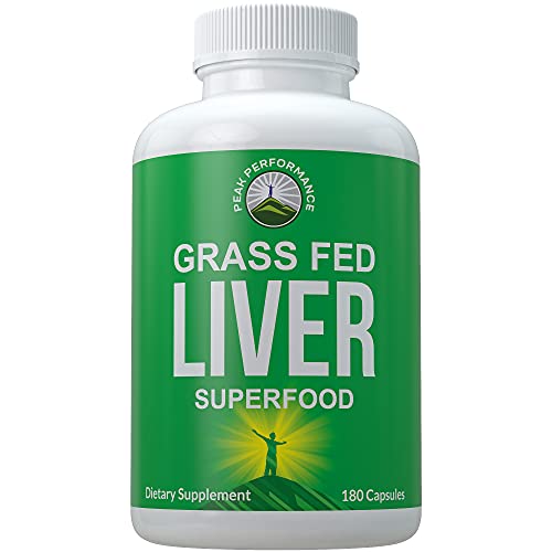 Book Cover Grass Fed Desiccated Beef Liver Supplement by Peak Performance. 180 Capsules of Grassfed Liver Superfood Pills Rich in Natural Iron, Vitamins, Amino Acids. Great for Adrenal and Immune Support