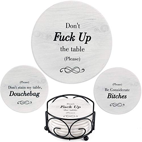 Funny Coasters for Drinks Absorbent with Holder | 6 Pcs Novelty Gift Set | 3 Sayings | Unique Present for Friends, Men, Women, Housewarming, Birthday, Living Room Decor, White Elephant, Holiday Party