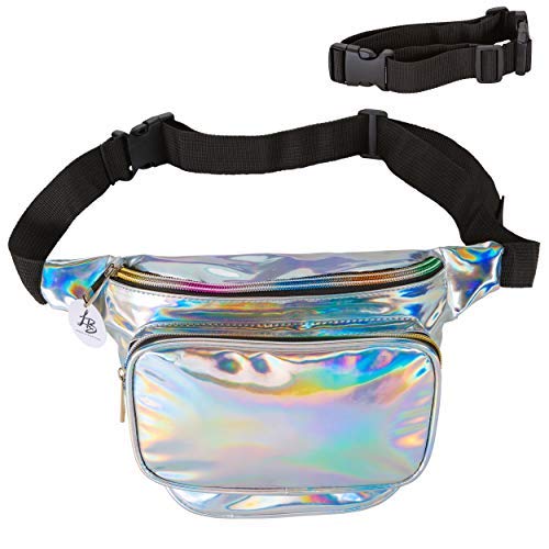 Book Cover Lucky Boutique Holographic Fanny Pack, Belt Bag for Women | Adjustable Supreme Waist Bag, Phanny Pack for Kids, Adults, Silver | Great for Hiking, Travel, Festival, Rave, Party