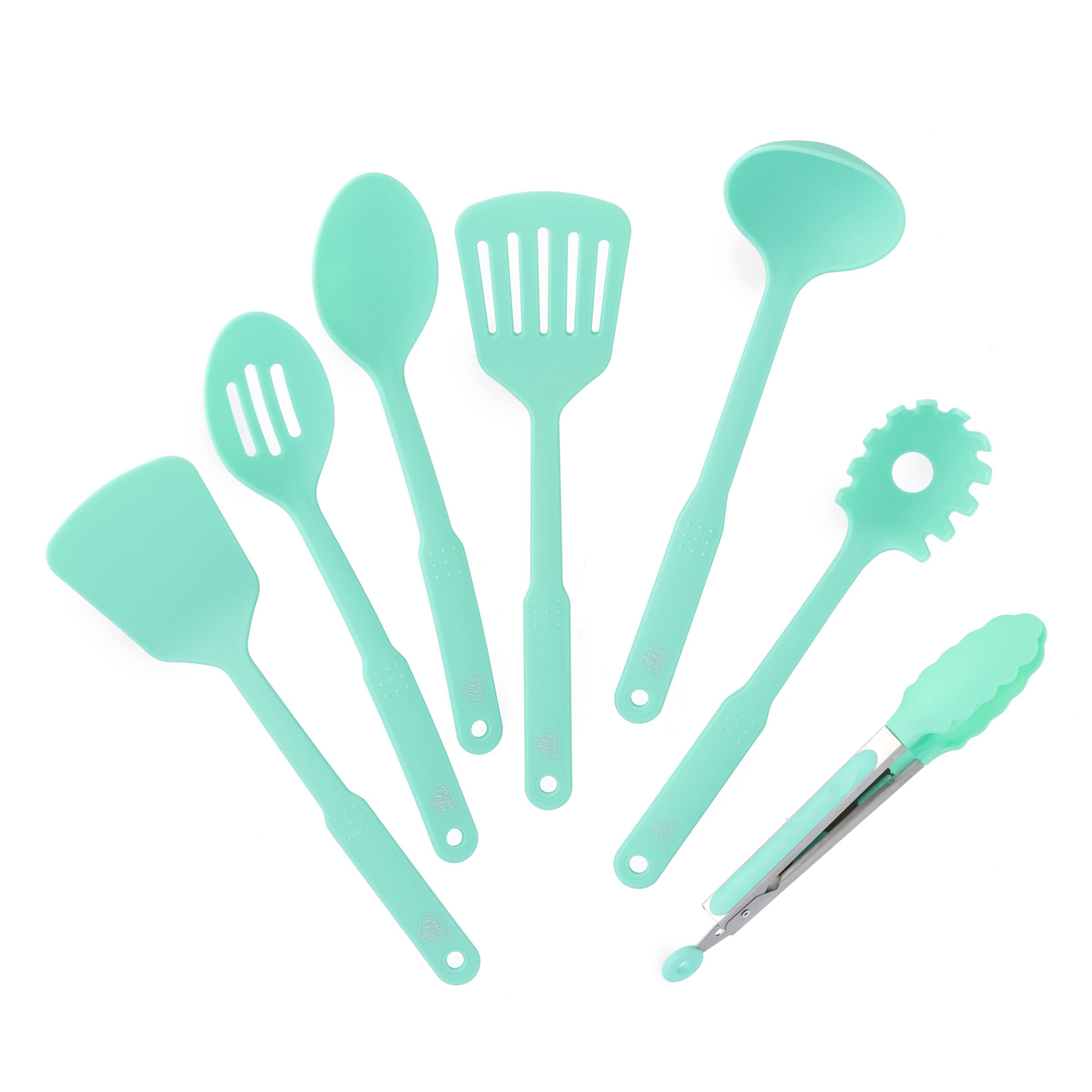 Book Cover GreenLife Cooking Tools and Utensils, 7 Piece Nylon Set including Spatulas Turner Spoons and Tongs, Dishwasher Safe, Turquoise