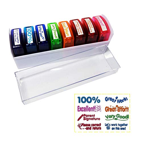 Teacher Stamp Set Self-Inking Motivation School Classroom Teacher Grading Stamp Set and Tray for Homework School Classroom (8-PCS)1 Pack