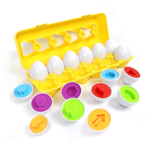J-hong Matching Eggs-Educational Color & Shape Recognition Sorter Puzzle Skills Study Toys, for Easter Travel Game Early Learning Match Egg Set, Suitable More Than 18+ Months Toddler Kids.(12 Eggs)
