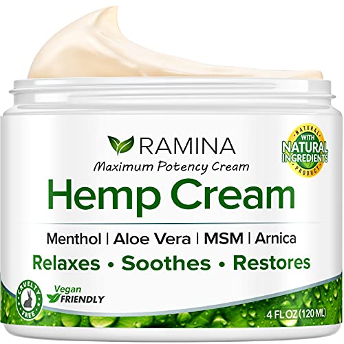 Ramina Natural HÐµmp Extract Cream - Made in USA - Infused with Menthol, MSM & Arnica - Soothes Discomfort in Muscles, Joints, Back, Knee, Nerves - Non-GMO - 4 fl oz