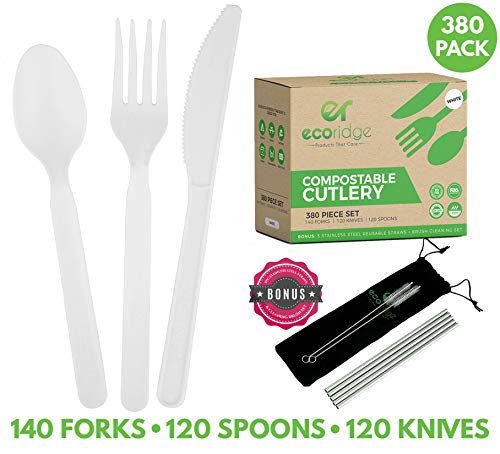 100% Compostable Utensils Disposable Cutlery - 380 Piece - Disposable Forks Spoons Knives Compostable Silverware - Non GMO BPA Free Disposable Utensils, Compostable Party Supplies Non Plastic Cutlery