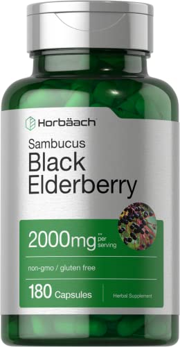 Book Cover Horbaach Black Elderberry Capsules 2000mg | 180 Pills | Non-GMO, Gluten Free | Sambucus Extract Supplement
