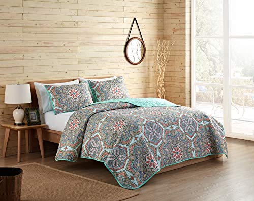VCNY Home | Yara Collection | Soft and Lightweight Reversible Quilt Bedspread, Durable and Wrinkle Free Microfiber 3 Piece Bedding Set, King, Aqua
