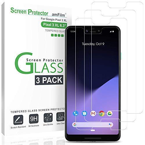 amFilm (3 Pack Glass Screen Protector for Google Pixel 3 XL 6.3", 9H Tempered Glass, Scratch Resistant.