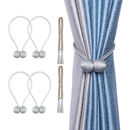 Cyrico Magnetic Curtain Tiebacks, Decorative Curtain Holdbacks Rope Holdbacks Convenient Drape Tie Backs for Thick Sheer Curtains Light Weight Drapes Outdoor and Indoor Curtains, Grey (4 Pack)