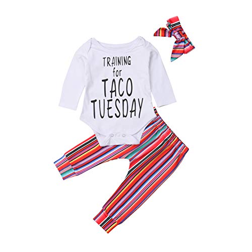 Book Cover 3Pcs Newborn Infant Baby Boy Girl Funny Saying Long Sleeve Romper Tops Multicolor Striped Pants Headband Set (0-6 Months, Training for Taco Tuesday)