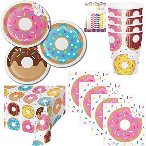 Lobyn Value Packs Donut Party Supplies Pack Serves 16: Donut Birthday Party Supplies, Donut Dessert Plates Beverage Napkins Cups and Table Cover with Birthday Candles (Bundle for 16)