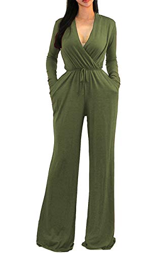 OURS Women's Sexy Deep V Neck Long Sleeve Wrap Wide Leg Jumpsuits Rompers with Pockets