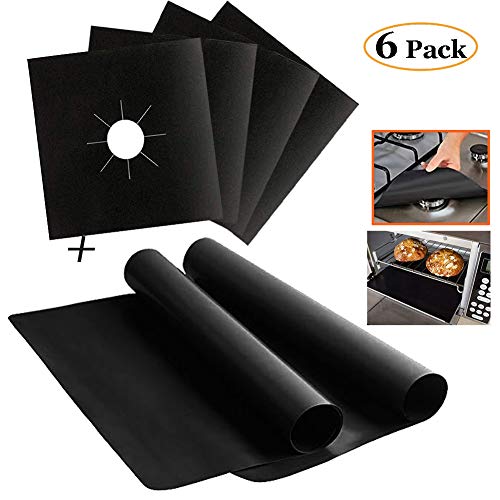 Stove Burner Covers and Oven Liner Set Reusable Gas Range Protectors Stovetop Burner Cover Home Kitchen Gas Toaster BBQ Grill Liners Black Pack of 6