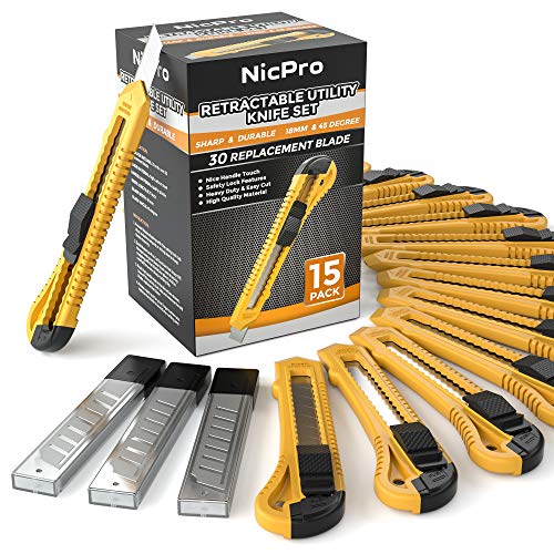 Nicpro 15 PCS Utility Knives Plastic Box Cutters Bulk Retractable Razor Knife with 30 PCS Extra Snap Off Blades 18mm for Heavy Duty Office, Home, Arts Crafts, Hobby