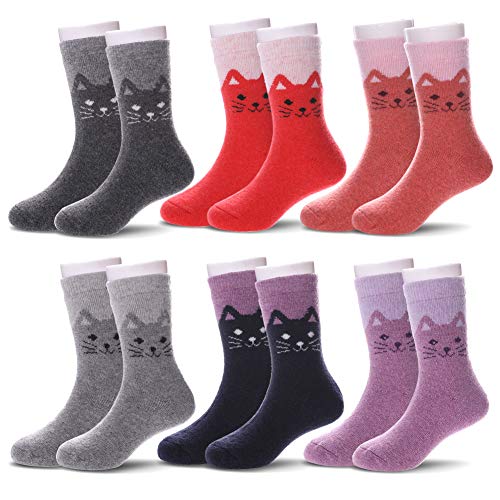 MQELONG Children's Wool Socks Kids Toddler Girls Boys Cute Animal Thick Warm Winter Crew Socks 6 Pairs (6 Pairs Cat, M/4-7 Years)