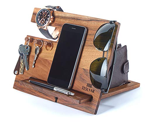 Wood Phone Docking Station Walnut Hooks Key Holder Wallet Stand Watch Organizer Men Gift Husband Wife Anniversary Dad Birthday Nightstand Purse Tablet Father Graduation Male Travel Idea Gadgets