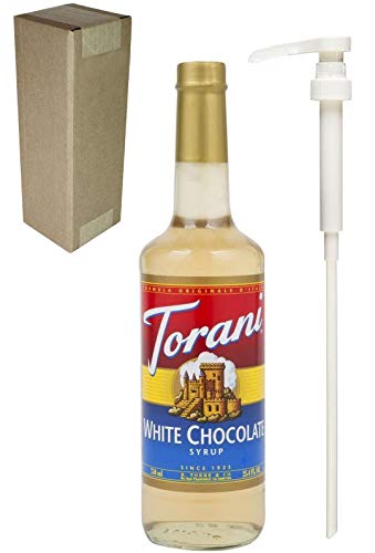 Torani White Chocolate Flavoring Syrup, 750mL (25.4 Fl Oz) Glass Bottle, Individually Boxed, With White Pump