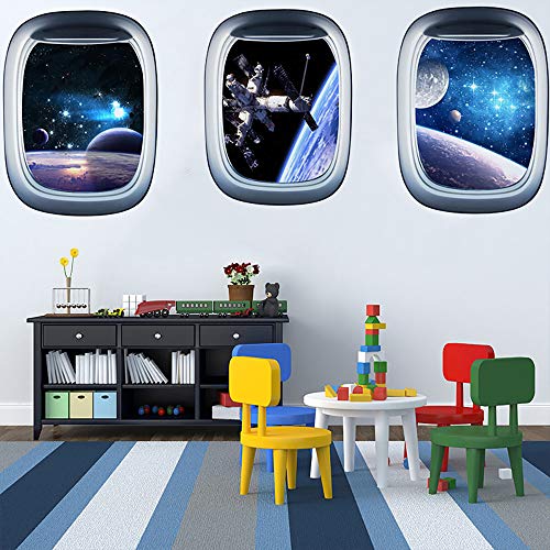ITTA 3D Shark Dragon Universe Outer Space Capsule Window Wall Stickers Murals for Bedroom Living Room Kids Room Home Decor (Space in 3 Capsule Window)