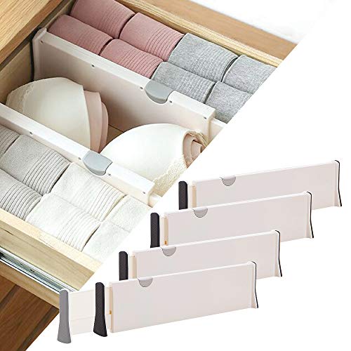 Book Cover KIMIANDY 4 Pack Adjustable Dresser Drawer dividers Organizers, Plastic Drawer Organization Separators for Kitchen, Bedroom, Closet, Bathroom and Office Drawers, White