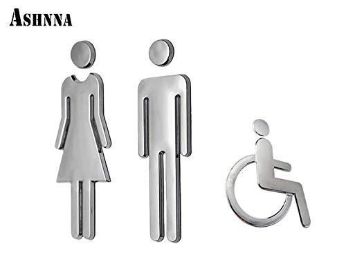 Ashnna Restroom Sign, Toilet Sign, Bathroom Sign, Acrylic Adhesive Backed, Men's and Women's, Wheelchair, Unisex Bathroom Door Symbol (Silver)