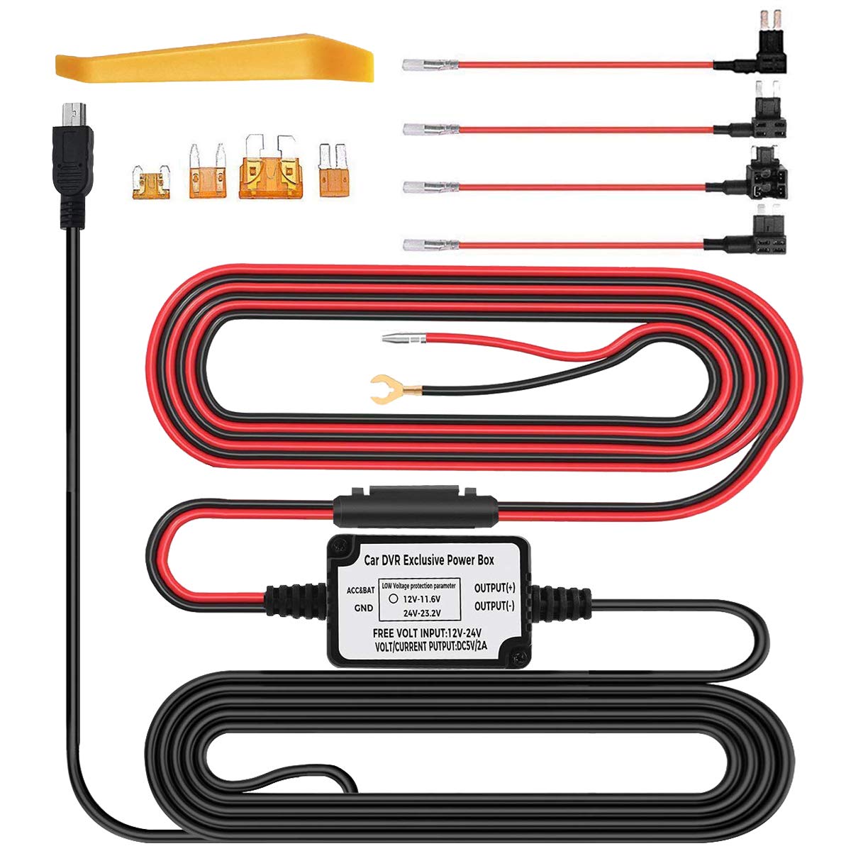 Dash Cam Hardwire Kit Micro USB 10ft 12V-24V to 5V, Low Voltage Protection Mini/ACS/ATO Add a Circuit Fuse Holders Compatible Dash Cam, GPS, Radar Detector All Other Micro USB Device