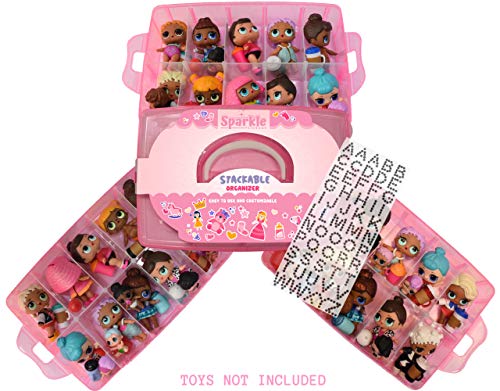 Book Cover XFINITYCO - LOL Storage Case Customizable Toy Adjustable Organizer Case Stackable 3 Tier - 30 Compartments - Perfect for Dolls and Small Collectible Toys - Toys not Included - Glitter Pink