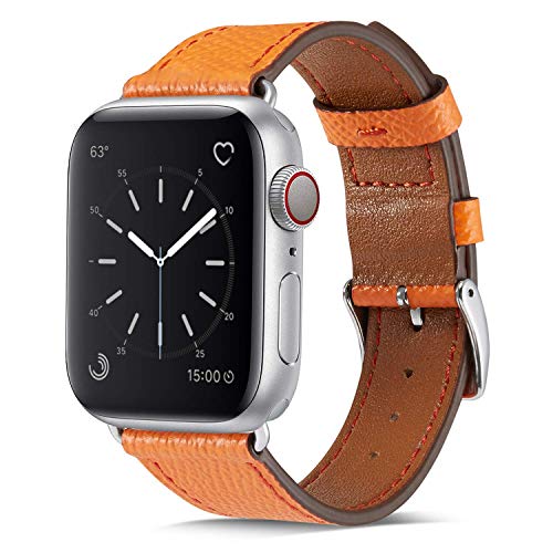 Book Cover Marge Plus Compatible with Apple Watch Band 44mm 42mm 40mm 38mm, Genuine Leather Replacement Band for iWatch Series 6 5 4 3 2 1, SE (Orange/Silver, 44mm/42mm)
