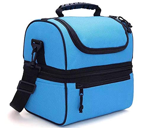 Blue Padded Insulated Lunch Bag Cooler â€“ Soft Collapsible Leak Proof Tote For Camping, Picnics and Travel â€“ 2 Large Compartment, Zippered Pocket and Side Pouches - Outrav