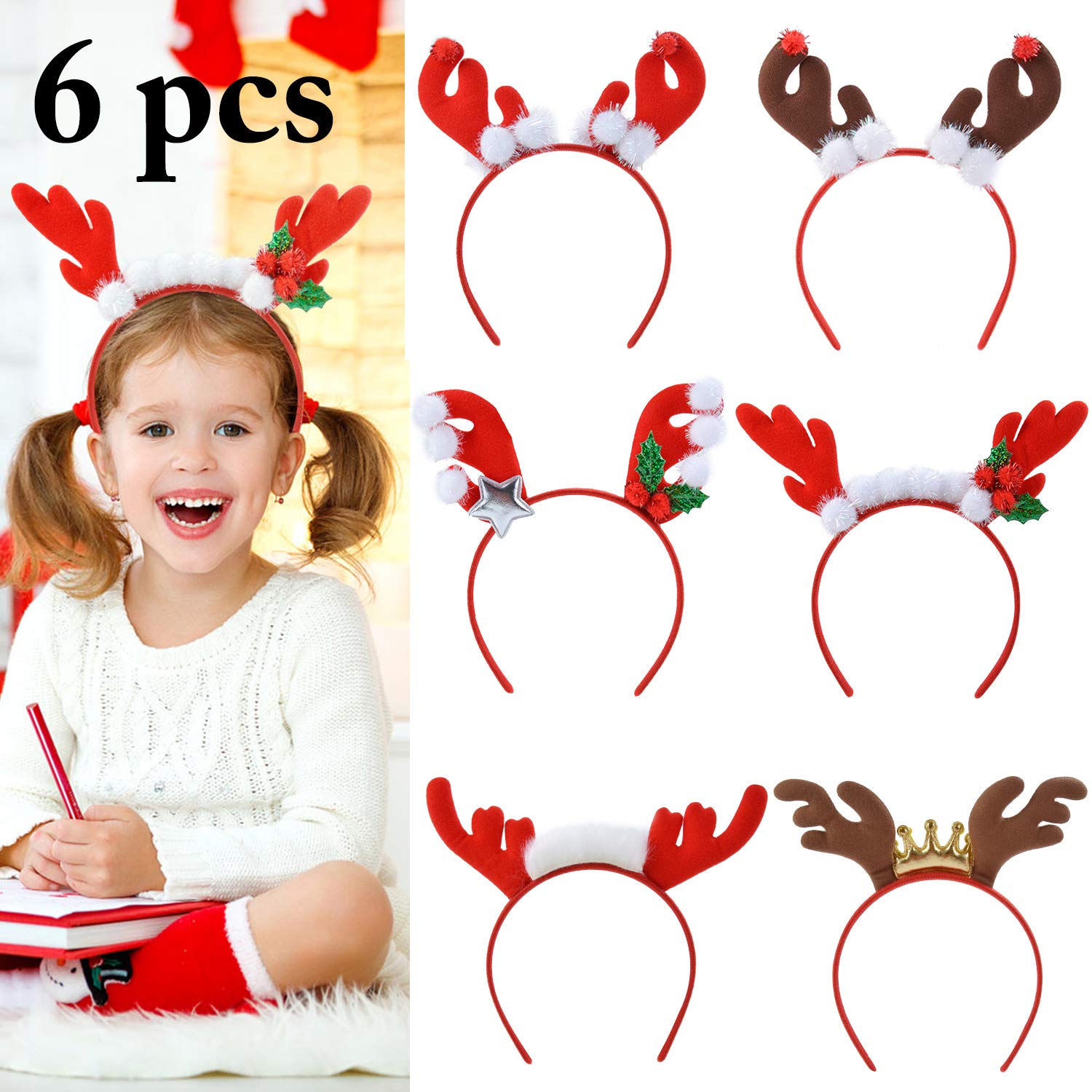 Christmas Reindeer Headbands,Aniwon 6PCS Xmas Headband Hairbands Headwear with Cute Elk Antlers for Kids Adults Christmas Party Supplies