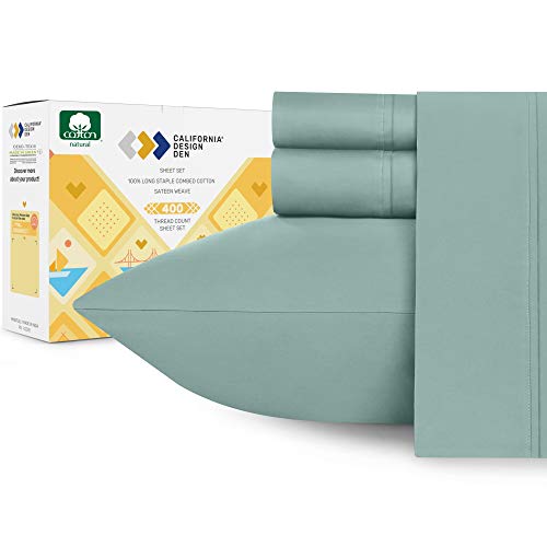 Book Cover 400-Thread-Count 100% Pure Cotton Sheets - 4-Piece Green Sage Cal King Sheet Set Long-Staple Combed Cotton Bed Sheets Hotel Quality Fits Mattress 16'' Deep Pocket Soft Sateen Weave