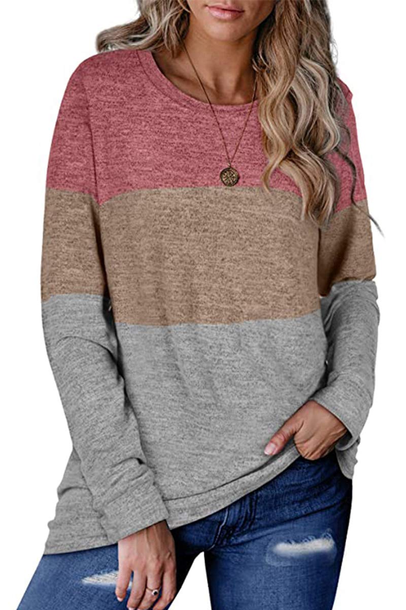 Book Cover CHYRII Womens Casual Color Block Raglan Long Sleeve Lightweight Tunic Sweatshirt Tops with Pockets X-Large 03-red+khaki+grey