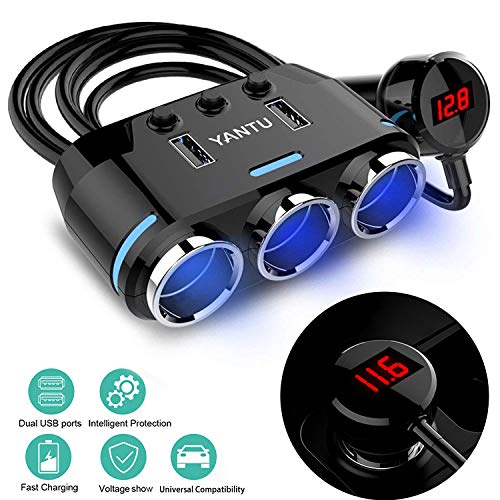 Sunjoyco 3-Socket Cigarette Lighter Adapter, 100W 12V/24V Power DC Outlet Splitter with 3.1A Dual USB Car Charger and On/Off Switch + Voltage Display for iPhone iPad Samsung GPS Dashcam