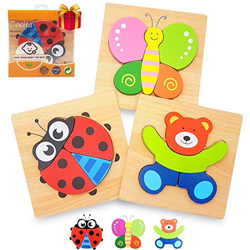 Zocita 3-Pack Chunky Jigsaw Puzzles, Boys&Girls Educational Wooden Puzzles Toy Gift with Vibrant Colors for Toddlers 1 2 3 Years Old (Animal)