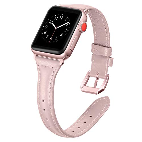 Secbolt Leather Bands Compatible with Apple Watch Band 38mm 40mm 41mm Iwatch SE Series 8 7 6 5 4 3 2 1 Slim Replacement Wristband Strap Stainless Steel Buckle, Pink with Rose Gold Buckle