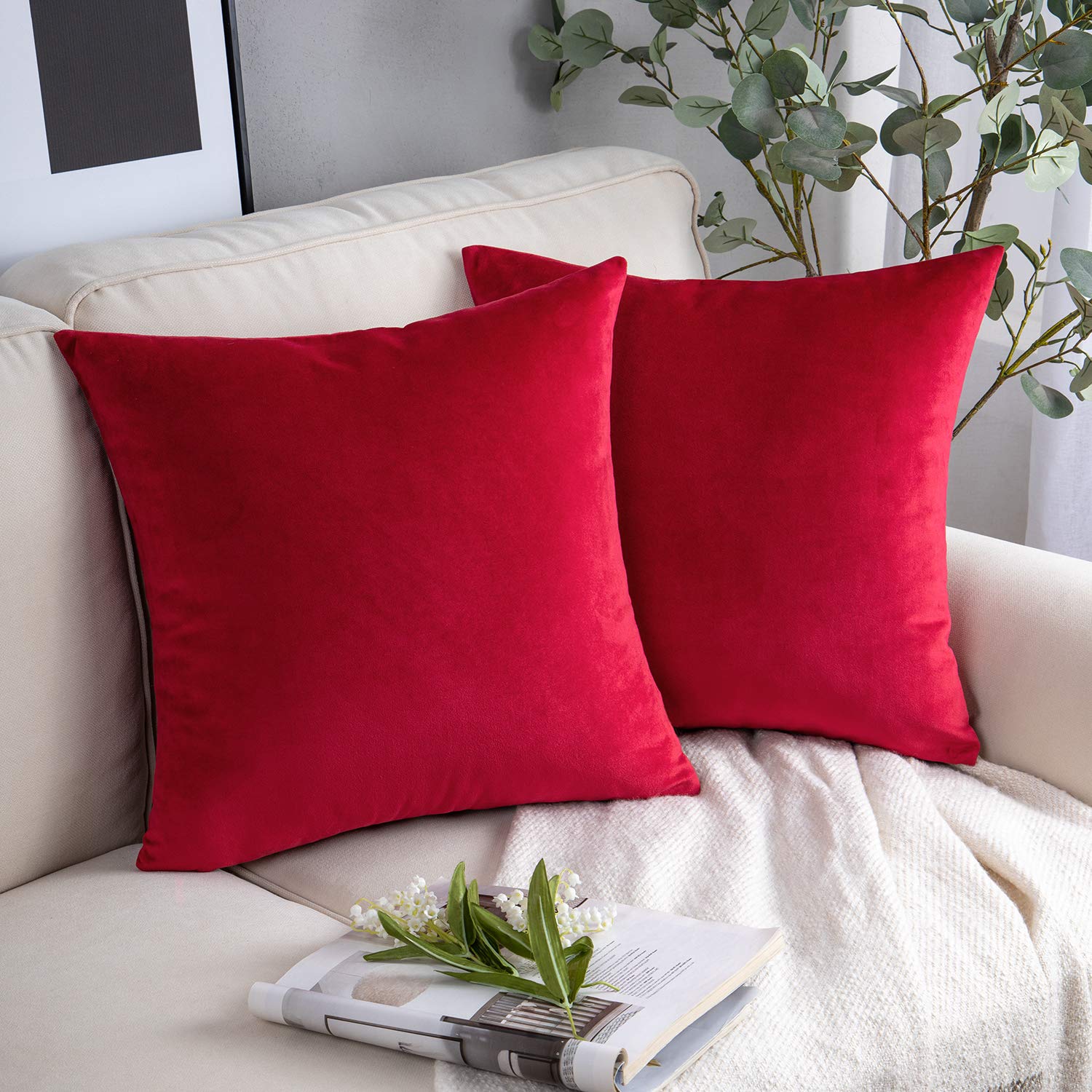 Phantoscope Pack of 2 Velvet Decorative Throw Pillow Covers Soft Solid Square Xmas Cushion Case for Couch Wine Red 20 x 20 inches 50 x 50 cm 20 Inch x 20 Inch, Pack of 2 Wine Red