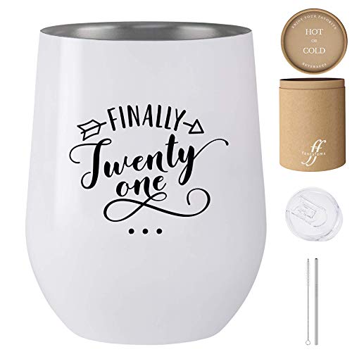 Book Cover Finally 21-12 oz Stainless Steel Stemless Wine Tumbler with Lid and Straw - 21st Birthday Gifts For Her - Celebrate Turning Twenty One (White)