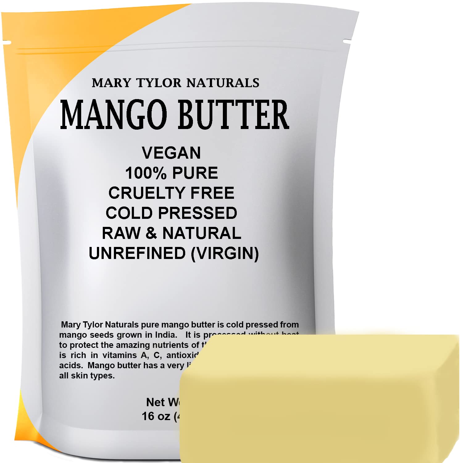 Mary Tylor Naturals Mango Butter 1 lb Cold Pressed, Unrefined,Raw Pure Mango Butter — Skin Nourishment, Moisturizing for Hair, Skin Mango 1 Pound (Pack of 1)