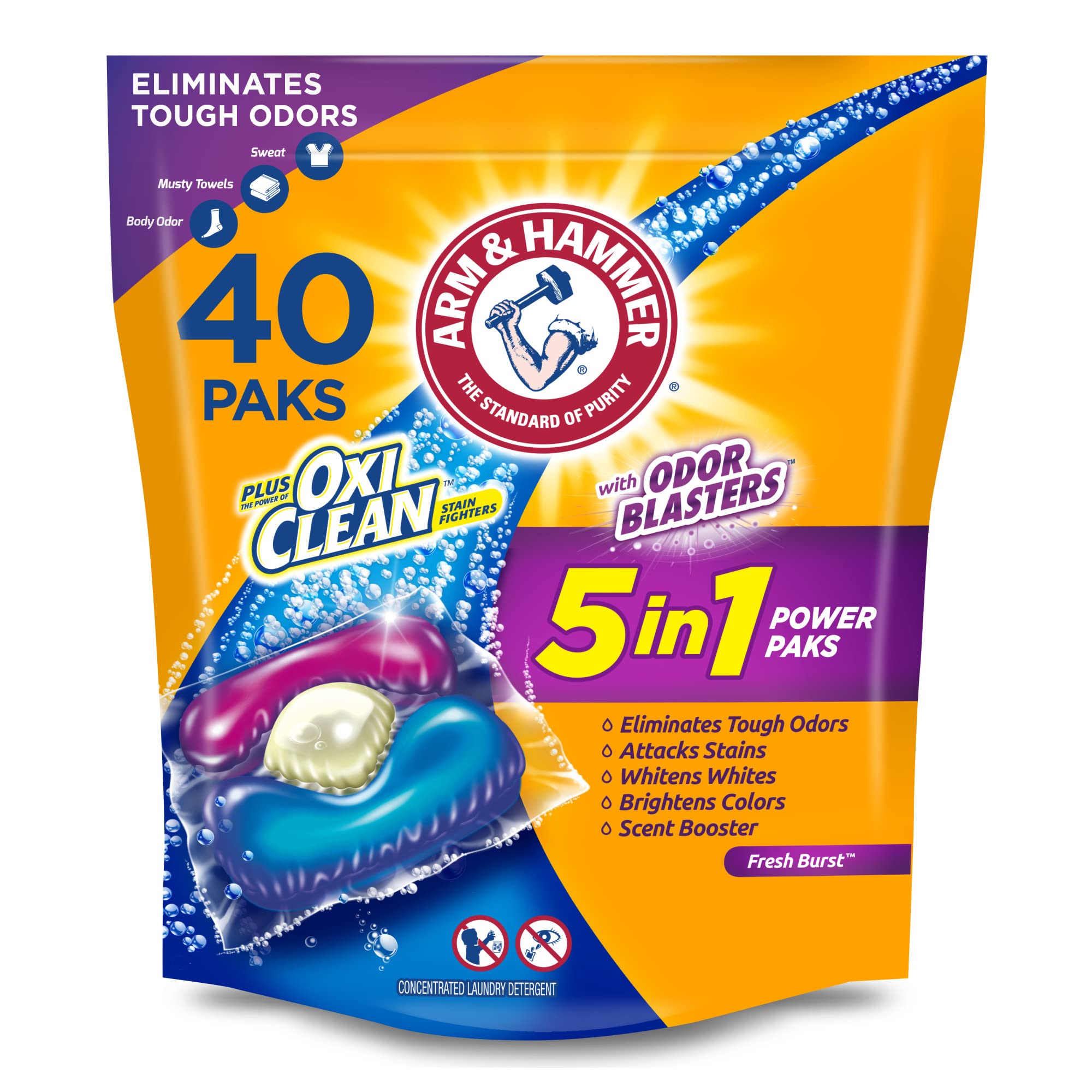 Book Cover Arm & Hammer Plus OxiClean With Odor Blasters LAUNDRY DETERGENT 5-IN-1 Power Paks, 40CT (Packaging may vary) Fresh 40 Count (Pack of 1)
