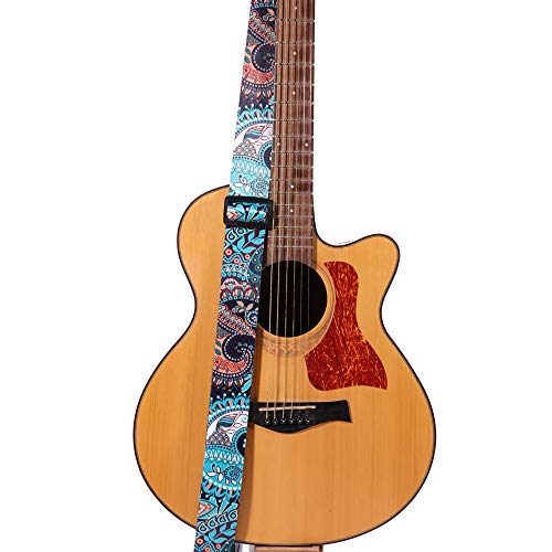 Guitar Strap - Adjustable Buckle - 3 Pick - Genuine Leather Ends, 2inch Wide, Woven Jacquard Pattern Design (Art Inspired)