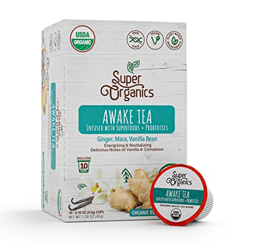 Book Cover Super Organics Awake Black Tea Pods With Superfoods & Probiotics | Keurig K-Cup Compatible | Energy, Revitalizing, Refreshing Tea | USDA Certified Organic, Vegan, Non-GMO, Natural & Delicious, 10ct