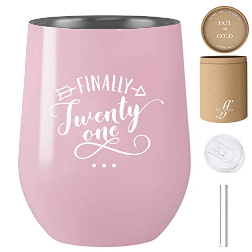 Finally 21-12 oz Stainless Steel Stemless Wine Tumbler with Lid and Straw - 21st Birthday Gifts For Her - Celebrate Turning Twenty One (Pink)