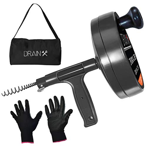 Book Cover Drainx Pro Steel Drum Auger Plumbing Snake | Heavy Duty 25-Ft Drain Cable with Work Gloves and Storage Bag