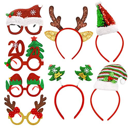 8 Pack Christmas Headbands Christmas Glasses Frames Holiday Party Fancy Glitter Headbands Glasses, 4 Pcs Christmas Headbands and 4 Pcs Christmas Party Glasses Frames, Reindeer Antlers Snowman Xmas Tree Photo Prop Booth for Christmas Party