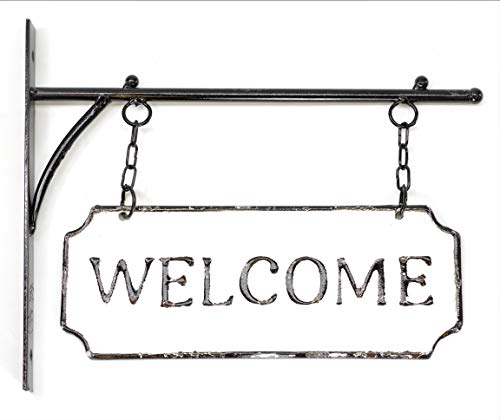 Silvercloud Trading Co. Rustic Hanging Double-Sided Welcome Sign Embossed Black on White Enamel Metal Sign with Bracket - Home and Office Wall Decor - Room Label